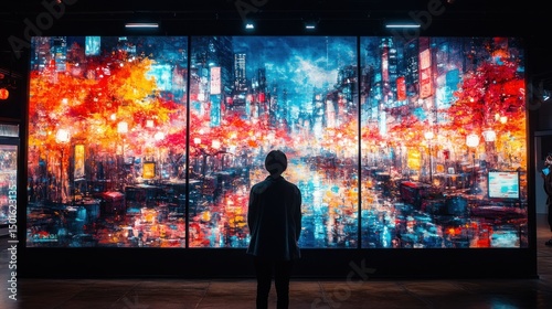 Wallpaper Mural Man viewing vibrant cityscape nightscape artwork in gallery Torontodigital.ca