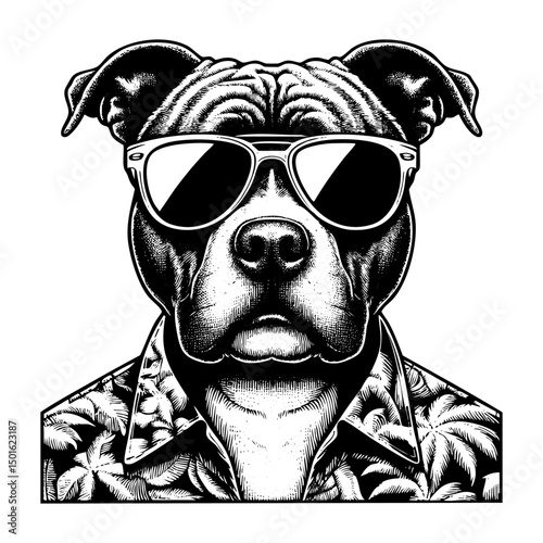 Pitbull dog wear hawaiian shirt sketch engraving black and white outline. Scratch board imitation.  illustrated in vintage line art style on a white background.