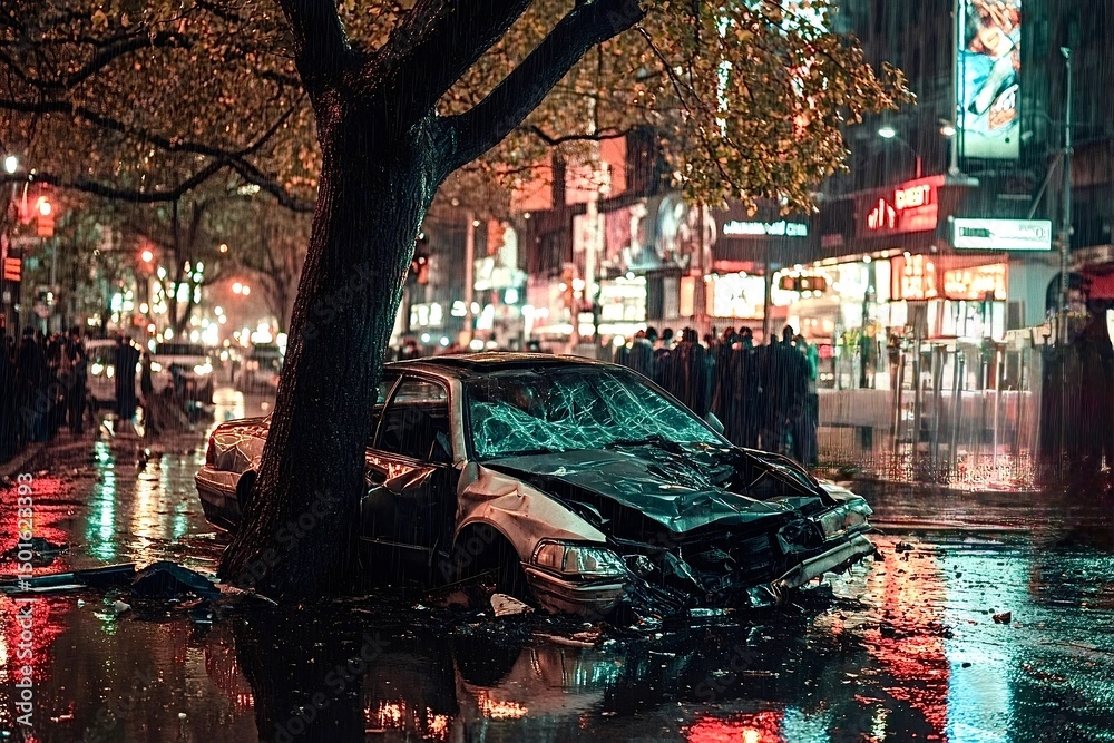 Naklejka premium Nighttime urban scene with car crash and crowd