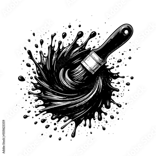 Paint brush sketch engraving black and white outline. Scratch board imitation.