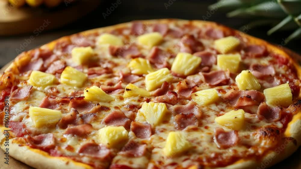 A mouthwatering gourmet pizza topped with ham and pineapple, ready to be enjoyed as a delicious culinary delight.