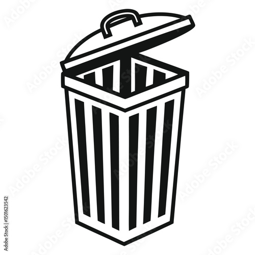 A black silhouette vector icon of a trash can or recycle bin, representing waste management. Ideal for environmental themes, cleaning services, home organization, and public spaces. Isolated on white.