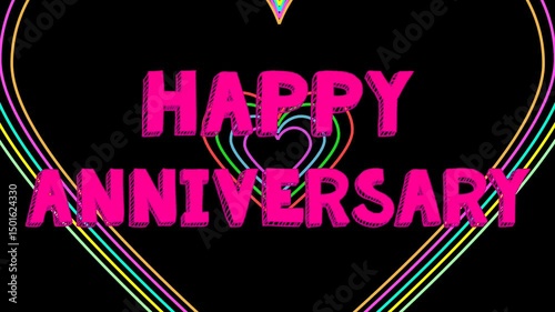 HAPPY ANNIVERSARY pop-up animation with flashing colorful love line art background
