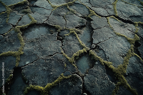 Textural interplay of cracked earth and resilient moss growth, evoking timelessness