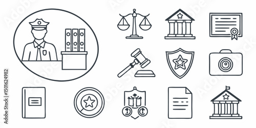 Law enforcement and legal system doodle icons set on white background