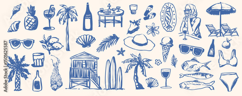 Aesthetic Summer Vacation, Hand Drawn Picnic Fun Holiday Hawaiian and Italia Beach Summer Icon. Palm Tree, Lemon, Umbrella, Hand Drawn Food, and Surfing Girl in Vector Doodle Style	