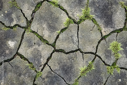 Moss sprouting in cracks of aged concrete surface, resilience concept