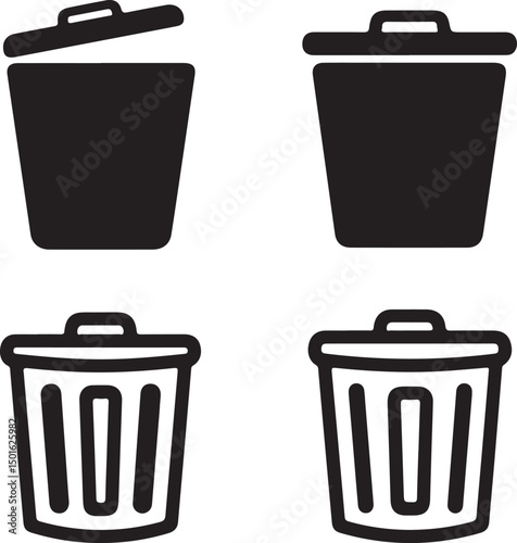 Set of four minimalist black trash can icons suitable for web applications and design projects representing waste and recycling