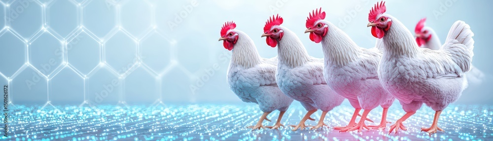 Fototapeta premium Modern Farm Scene with Realistic Chickens in Technological Environment and Futuristic Background