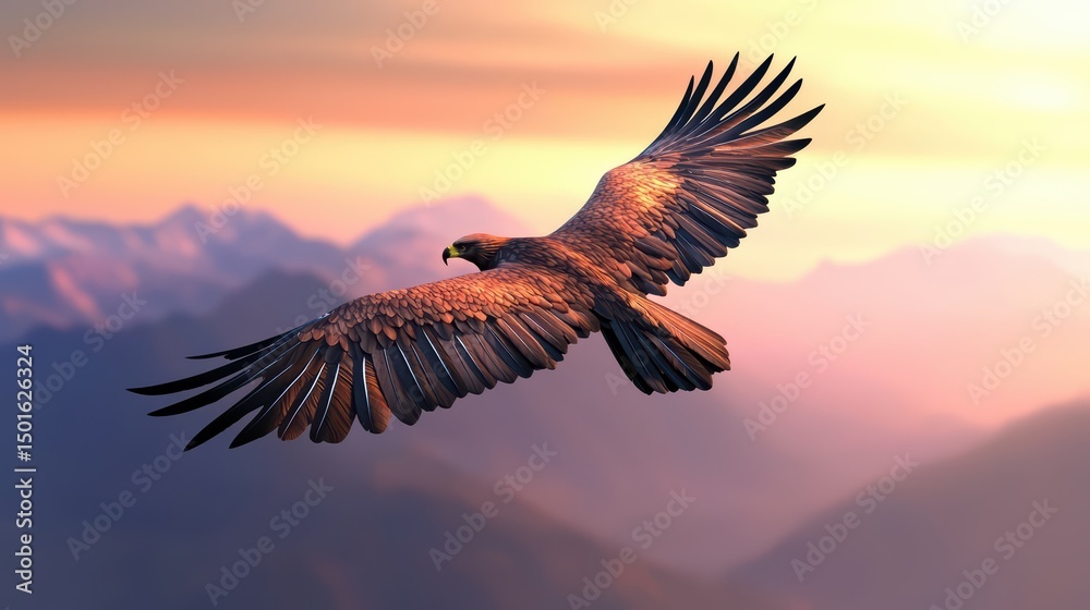Fototapeta premium Majestic Eagle Gliding Over Serene Mountain Landscape at Sunset with Warm Glowing Sky and Vibrant Colors