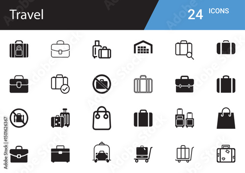 Travel Icon Collection: A meticulously curated collection of 24 black and white travel icons, ideal for user interface designs and travel-themed projects. Designed for clarity, versatility.