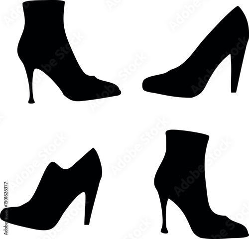 Silhouette set of four stylish high heels and booties representing fashion footwear elegance and design elements