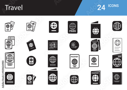 Passport Icon Collection: A meticulously curated set of 24 passport icons, showcasing the essence of travel and documentation in clean, monochrome linework.
