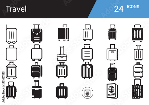 Travel Suitcase Icons: A comprehensive collection of 24 travel suitcase icons, offering diverse styles and variations for website design, mobile app development, or travel-themed projects.  