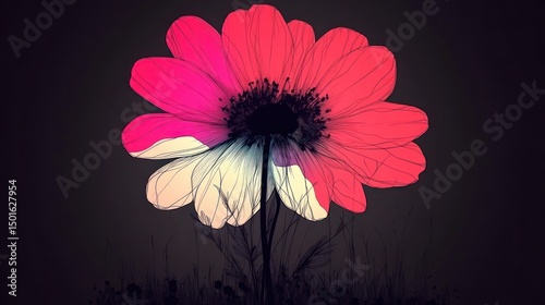Abstract Pink and White Pixelated Flower on Dark Background