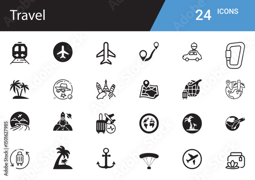 Iconic Travel Illustrations: A comprehensive collection of travel-themed icons, perfect for illustrating diverse journeys and destinations, showcasing essential elements.