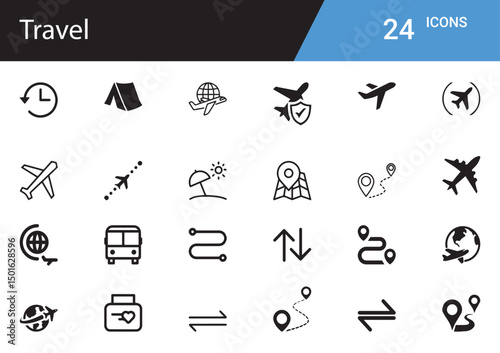 Travel Icon Collection: A diverse selection of travel icons perfect for enhancing any travel-related project, from websites and apps to brochures and presentations.