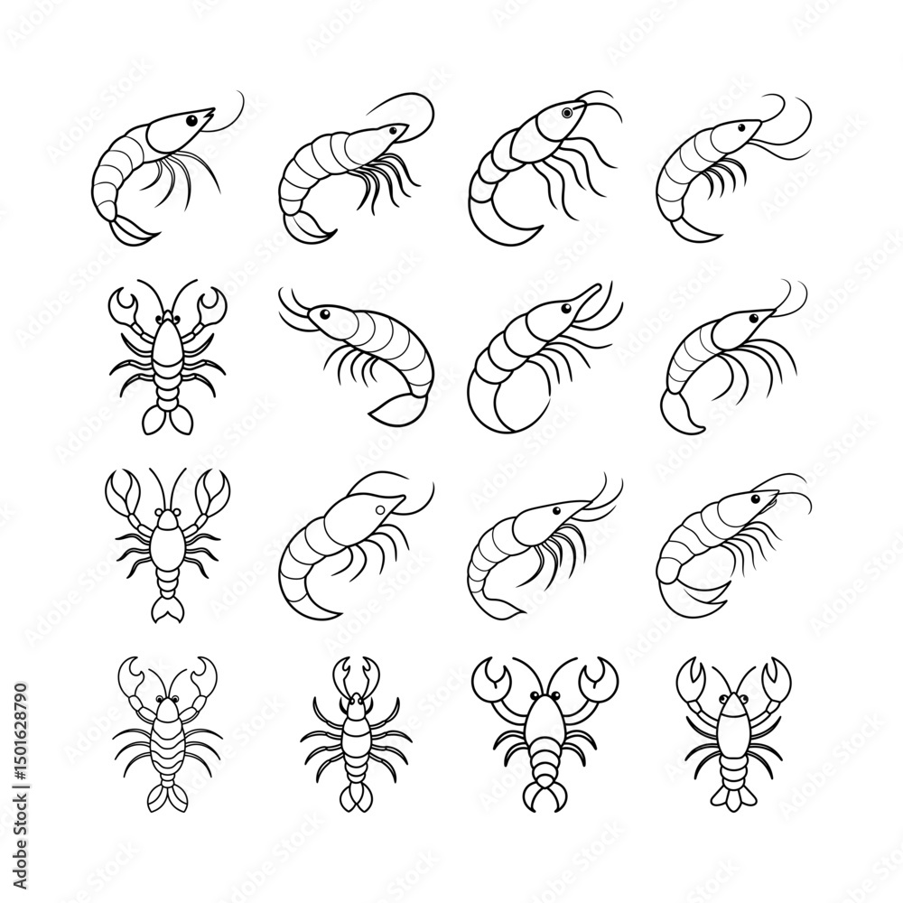 Obraz premium Lobster and Shrimp Transparent Line Art Vector Set for Seafood Graphic Projects