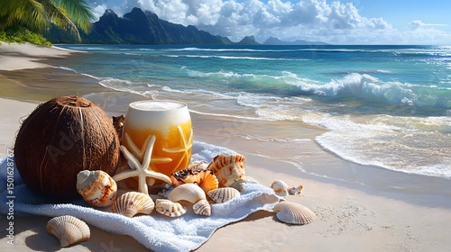 Tropical beach still life featuring coconut, sea shells, starfish, and a refreshing drink on a towel by the ocean shore, evoking a sense of relaxation and vacation vibes.