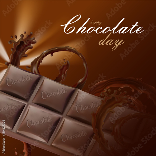 Happy Chocolate Day celebration banner with chocolate bar and splash effect on rich brown backdrop, ideal for confectionery branding, cafe promotions, and sweet product marketing