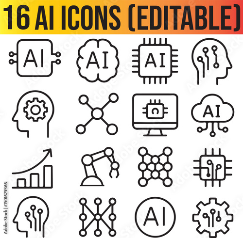 A set of artificial intelligence icons for web design, editable stroke, data analysis, graph, AI vector icon