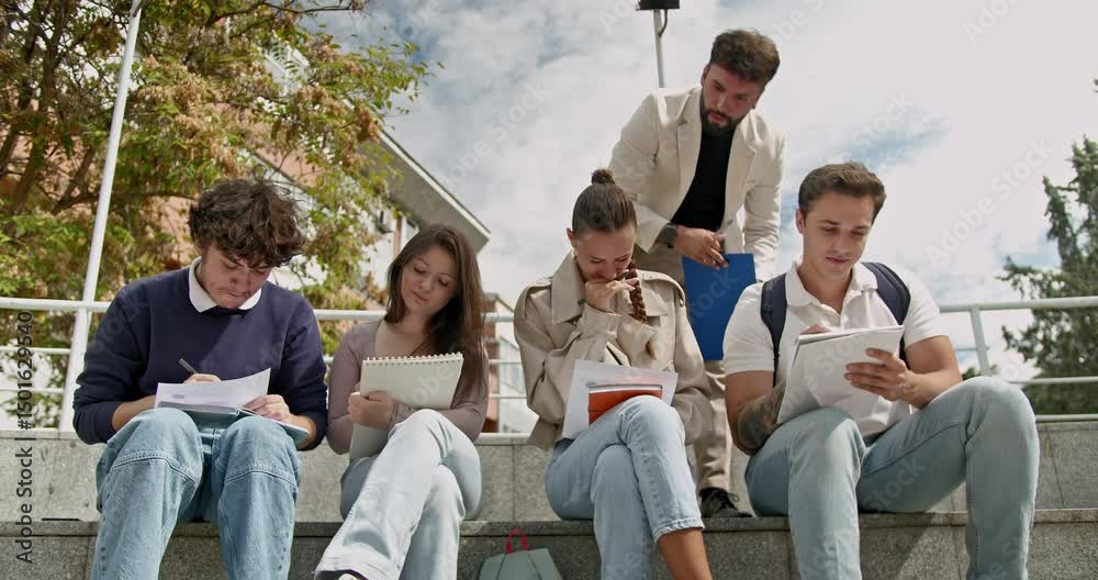 Students solve individual tasks in an outdoor class as their professor watches and helps when needed.