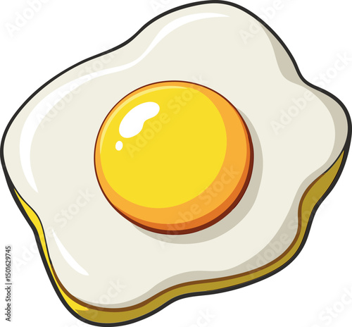 Cartoon Fried Egg with Sunny Side Up Yolk on White Background – Breakfast, Cooking, Food Art, Tasty Meal, Protein-Rich Ingredient for Culinary Designs, Brunch, Snack, Healthy Diet, Gourmet Cuisine