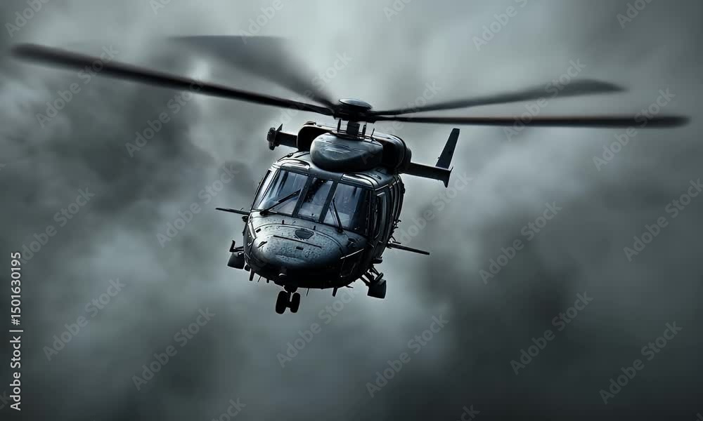 Helicopter flying through stormy weather