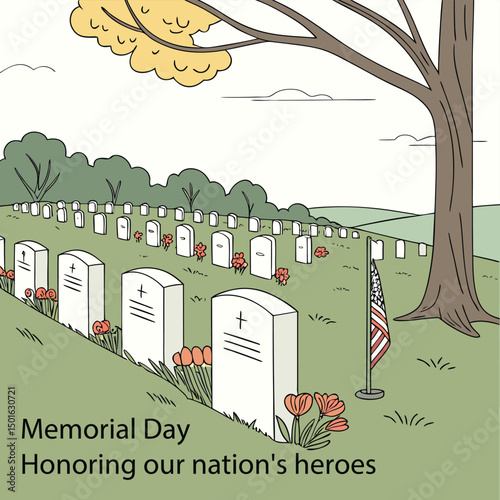 Illustration of Memorial Day Tribute with Gravestones, American Flag, Flowers, and Tree in a Peaceful Cemetery Setting – Honoring Our Nation’s Heroes with Respectful Patriotic Imagery