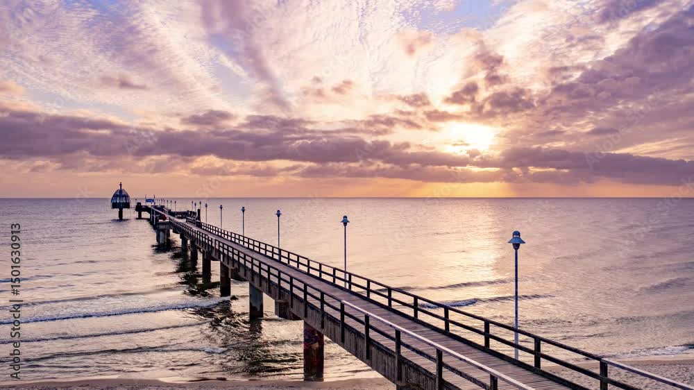 Zinnowitz, Usedom, Deutschland – Seebrücke mit Tauchgondel im goldenen Morgenlicht des Frühlings. Timelapse Sonnenaufgang über der Ostsee, ruhige See, goldener Sand und erwachende Natur.	
