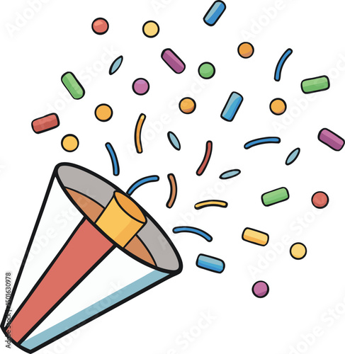 Vibrant Confetti Blast from Party Popper Cone - Colorful Festive Explosion, Celebration Cheer, Joyful Sprinkles, Fun Event, Exciting Decoration, Happiness Burst, Playful Carnival, Jubilant Gala