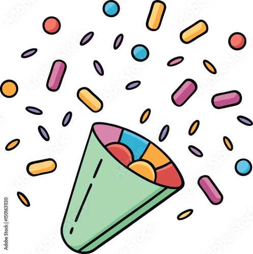 Vibrant Confetti Blast from Party Popper Cone - Colorful Festive Explosion, Celebration Cheer, Joyful Sprinkles, Fun Event, Exciting Decoration, Happiness Burst, Playful Carnival, Jubilant Gala