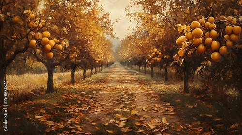 An avenue of trees, heavy with fruit, arches over a leaf-strewn path in a rustic, painterly style. Golden light catches the leaves and fruit, casting warm shadows on the ground. This evokes autumn.