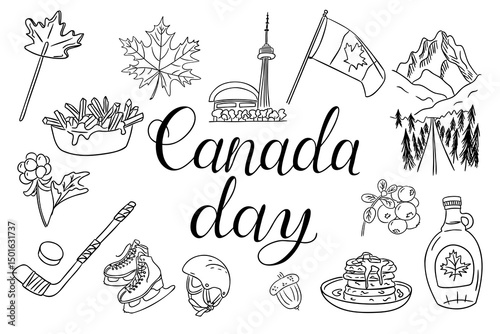 Canada Day doodle set with traditional symbols, food and landmarks in hand drawn style. Celebrates Canadian culture, patriotism and national identity through festive illustration