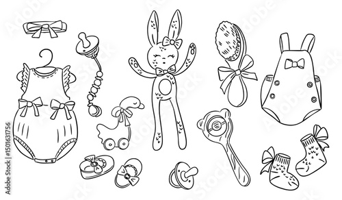 Baby girl clothes and toys collection with bows in cute hand drawn style. Represents newborn fashion, childhood innocence and baby shower essentials