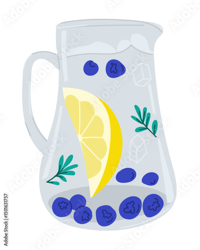 Glass jug with lemon slices, blueberries, herbs and ice cubes in fresh summer drink style. Symbolizes healthy hydration, freshness and organic beverage concept