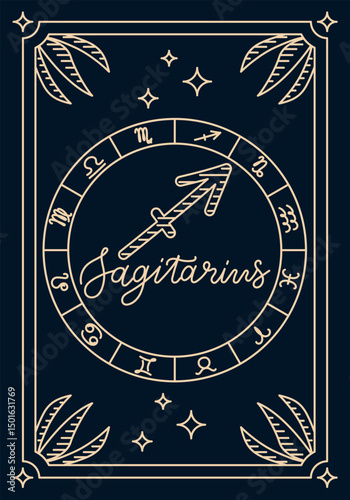 Elegant Sagittarius zodiac card with hand drawn astrological symbols and arrow illustration. Represents astrology, cosmic identity and celestial insight with vintage style design