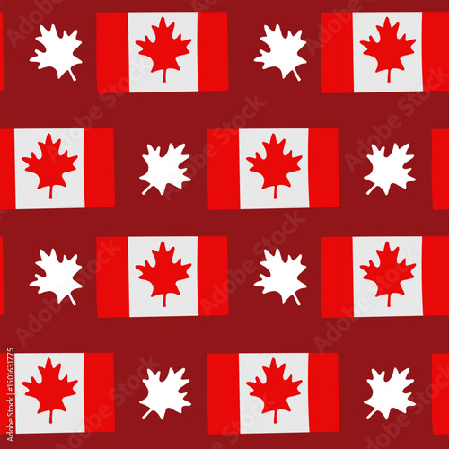 Seamless Canadian flag pattern with alternating maple leaves in bold red and white colors. Represents national pride, unity and celebration of Canada through iconic symbolism