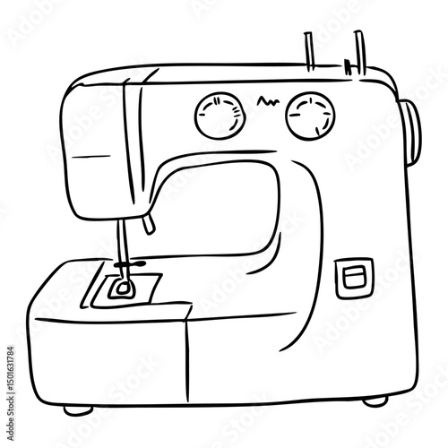 Hand drawn illustration of a sewing machine with simple line art on white background. Symbolizes craftsmanship, creativity and the art of handmade textile production