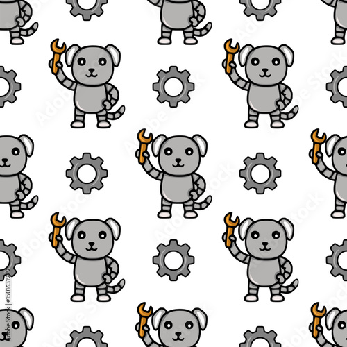 Seamless vector pattern featuring cute robotic dogs holding wrenches and gears, a playful design perfect for kids products or tech-themed projects.