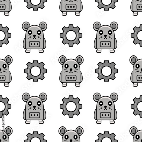 Seamless vector pattern featuring cute robotic mice and gear wheels, designed in grayscale for a playful yet technological aesthetic.