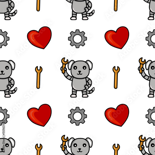 Seamless vector pattern featuring cute robot dogs holding wrenches, hearts, and gears, creating a playful and charming design ideal for kids products or tech-themed projects.