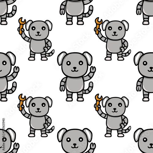 Seamless vector pattern featuring adorable grey robot dogs holding wrenches, a playful design ideal for kids products or tech-themed projects.