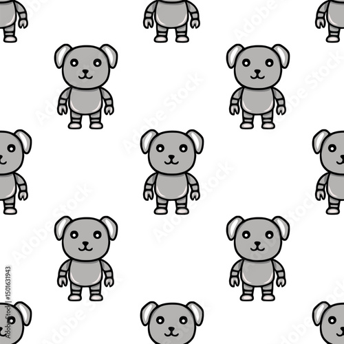 Seamless vector pattern featuring adorable robotic dog characters in grayscale, perfect for kids products or tech-themed designs.