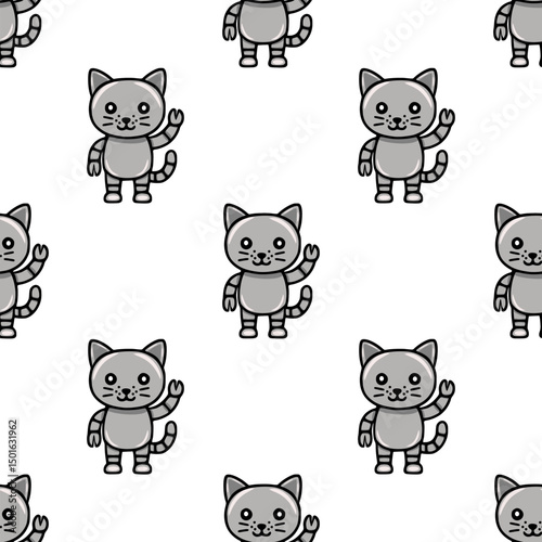 Seamless vector pattern of cute grey cat robots waving, featuring a playful and friendly design perfect for childrens products or cheerful branding.
