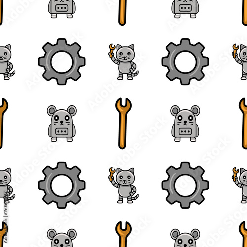 Seamless vector pattern featuring cute robotic cats and mice holding wrenches, alongside cogwheels, creating a playful and charming mechanical design ideal for kids products or tech-themed projects.