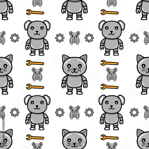 Seamless vector pattern featuring cute robotic animals: dogs, cats, and mice, with gears and wrenches, in a playful, monochrome style.