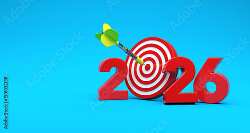 New Year 2026 with Dart board and arrows - 3D Rendered Image	

