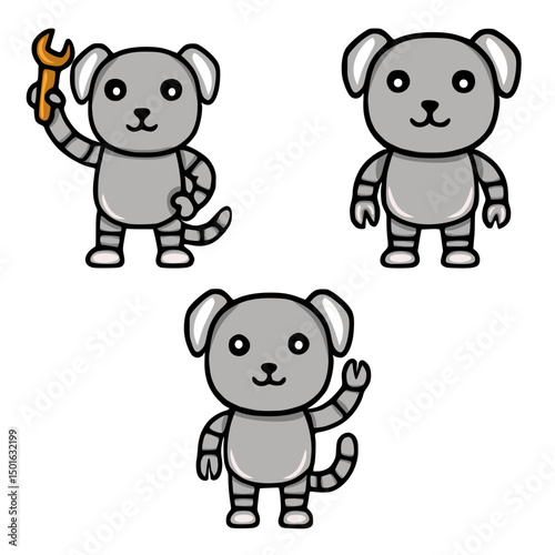 Adorable Vector Illustration of Three Friendly Robot Dogs in Different Poses: One Holding a Wrench, One Standing, and One Waving.