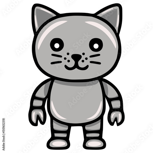 Adorable vector illustration of a friendly robotic cat with grayscale color palette, featuring segmented limbs and a cartoonish design, perfect for childrens products or playful branding.